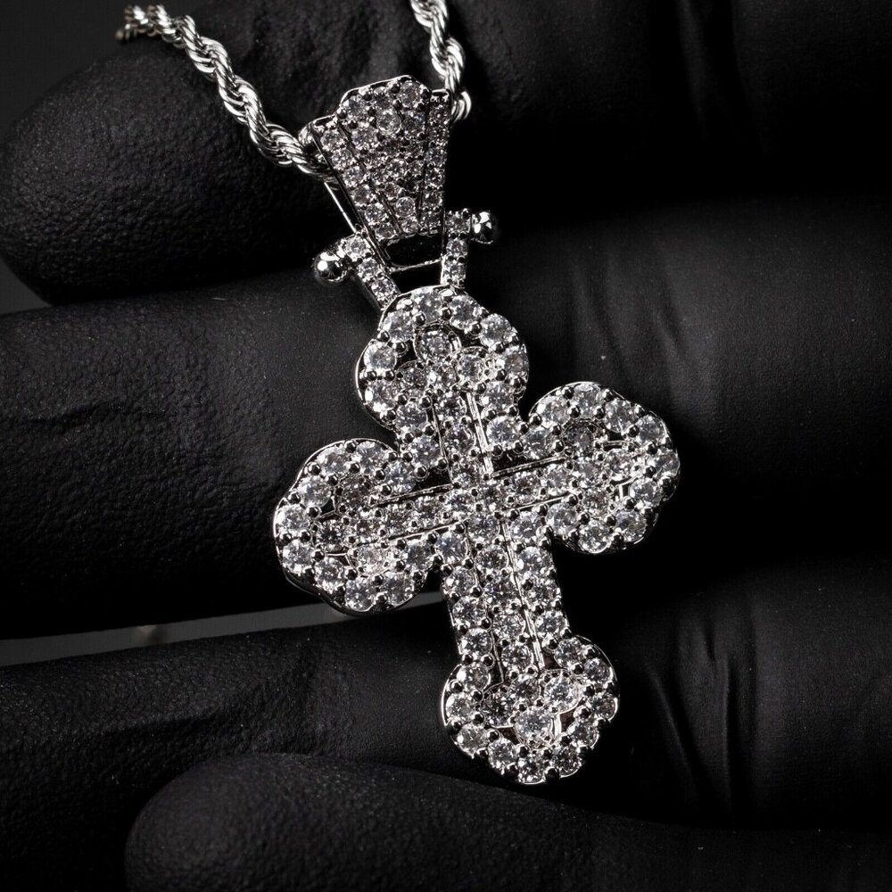 Men's White Gold Honey Comb Set Cz Hip Hop Cross Pendant Chain Necklace